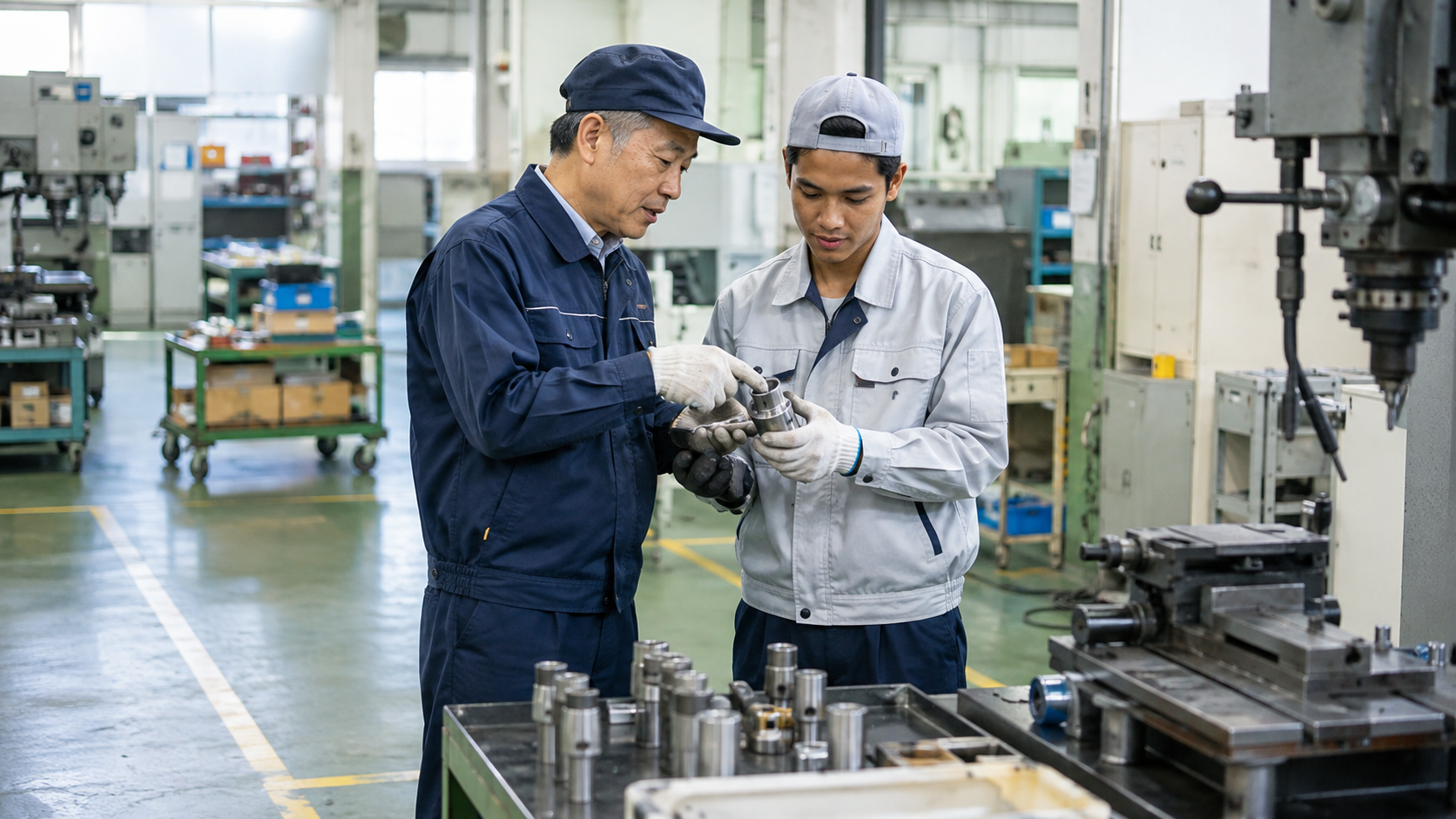 製造現場で先輩社員から指導を受ける外国人従業員