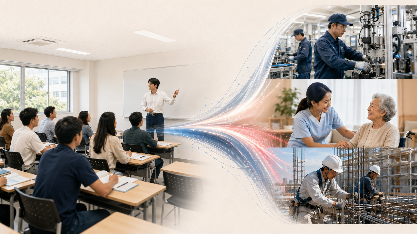 入国前の日本語教育から日本の職場での就労へつながる学習のイメージ